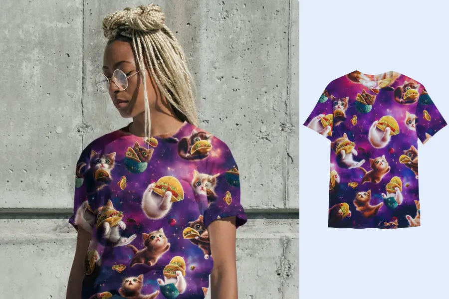 All-over-print tee with graphic of cat & taco in the galaxy