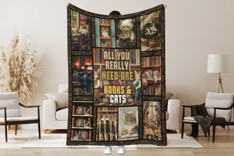 Books & Cats Vintage Blanket