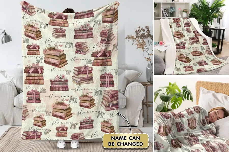 Books & Flowers Custom Name Throw Blanket