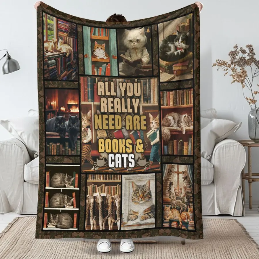 Cat And Book Vintage Blanket