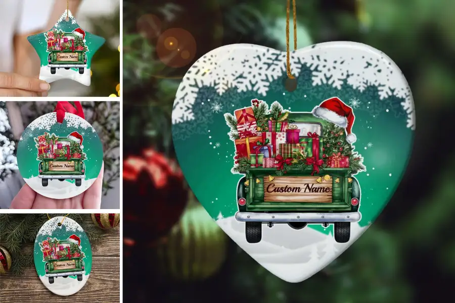 Christmas Farm Tractor Ceramic Ornament