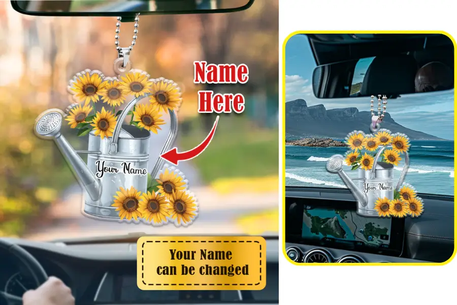 Customized Name Sunflower & Watering Can Car Ornament