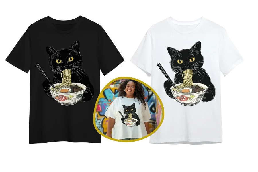 Funning cat-eating ramen graphic tee