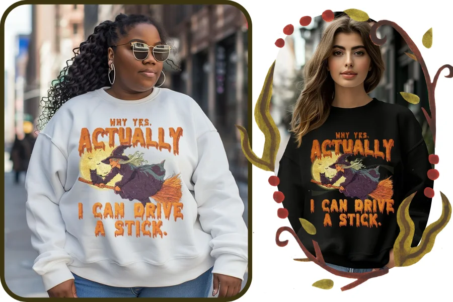 Funny Witch Driving A Stick Halloween Sweatshirt