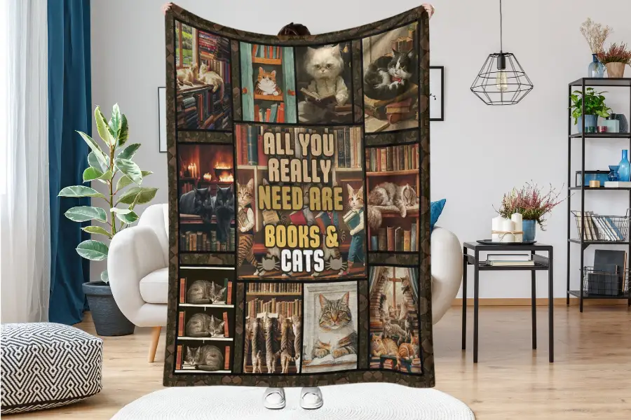 Retro Books & Cats Blanket