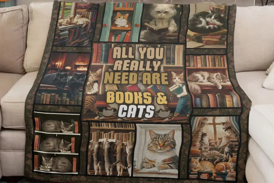 Retro books & cat lovers blanket is a unique wedding gift for parents