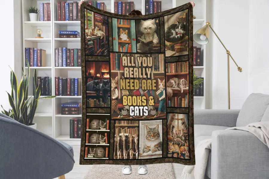 Vintage Books & Cats Blanket