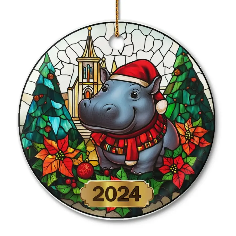 Cute Stained Glass Hippo Moo Christmas Ornament