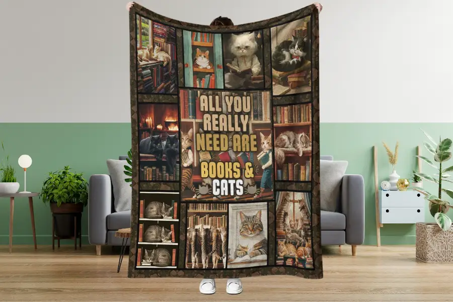 Retro Books & Cats Blanket.