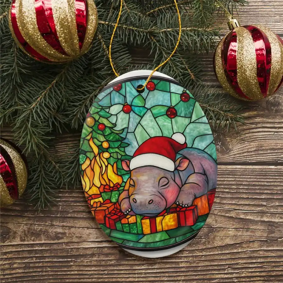 Stained Glass Cute Hippo Moo Christmas Ornament