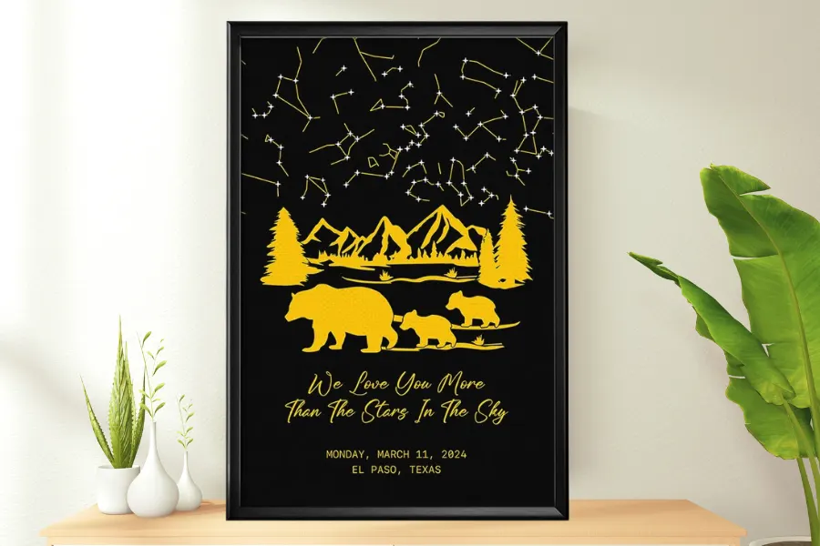 Yellow Bear Family At Night Forest Canvas Print