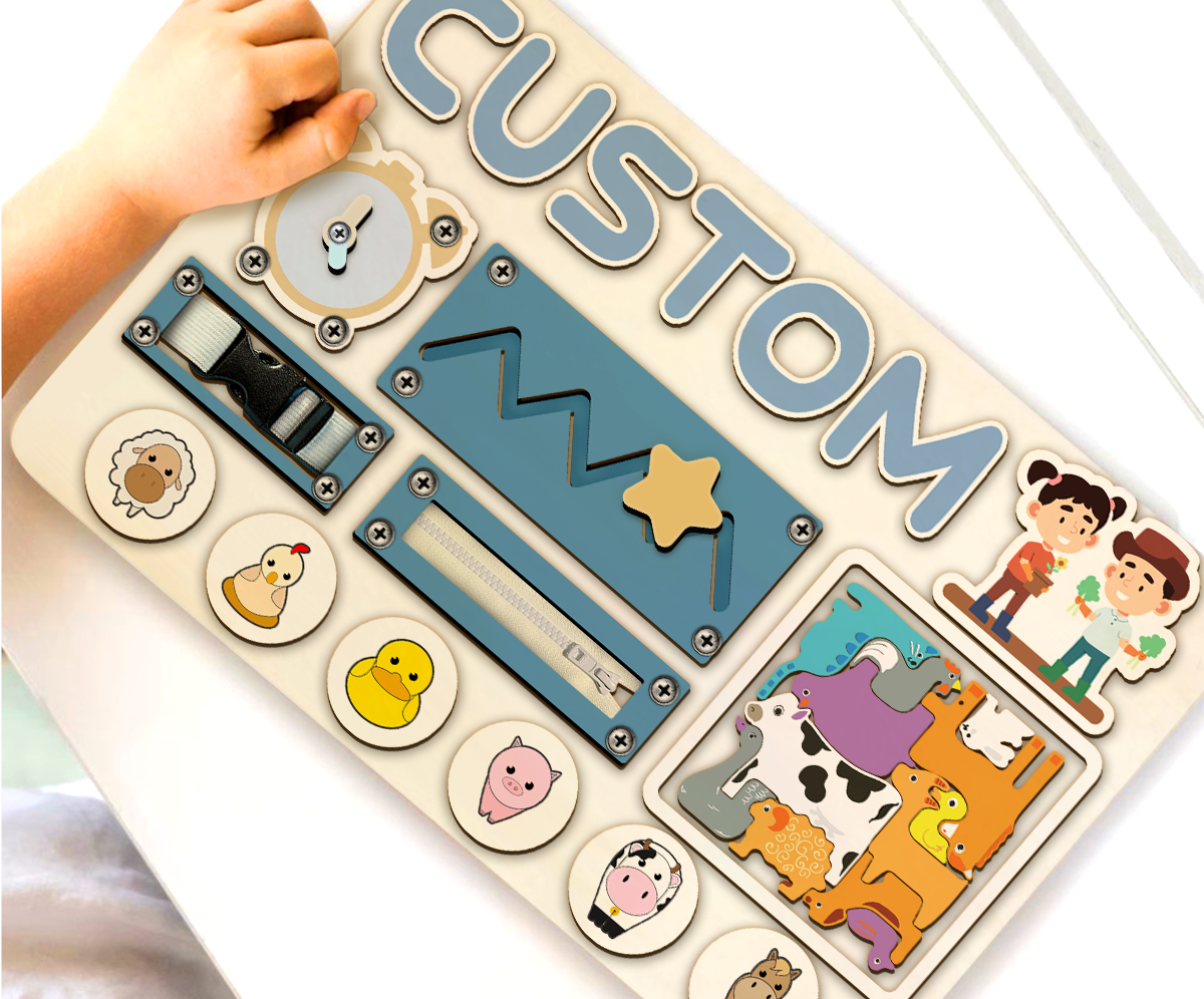 Personalized Cute Farm Board, Custom Busy Board For Toddlers,Kids, Wooden Toys, Baby Gifts, Birthday Gift V2