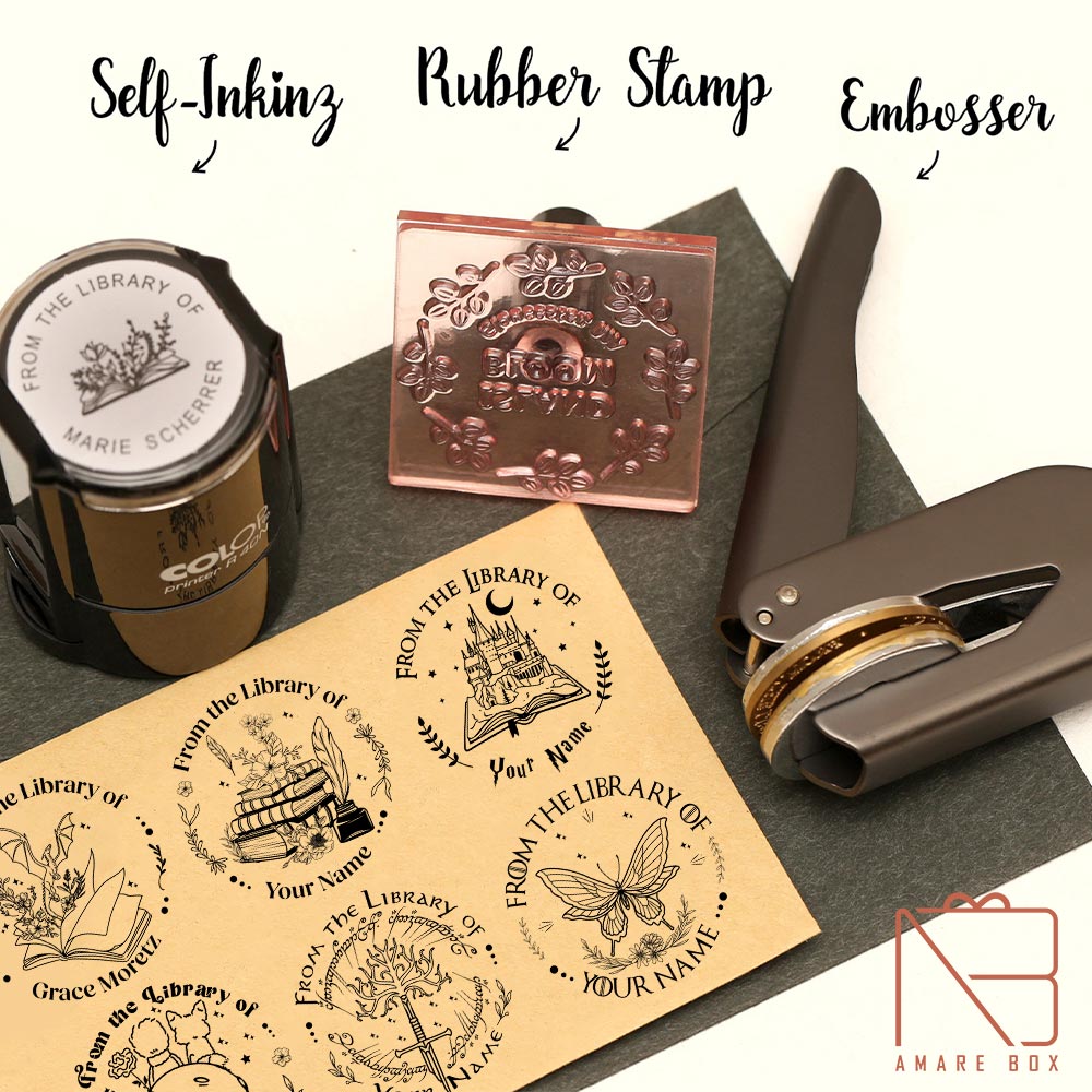 Amarebox Personalized Amare Box Embosser From the Library of Raven Crows Book Stamp, Fanfiction Six Book Ex Libris Self-Inking Stamp 2602E MLUD
